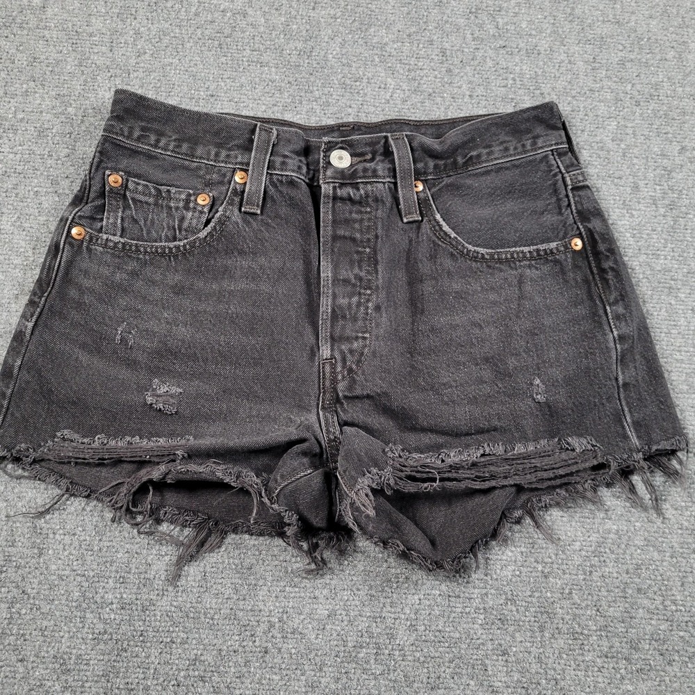 Levis 501 Cutoff‎ Shorts Womens 27 Black Premium Distressed Button Fly Denim